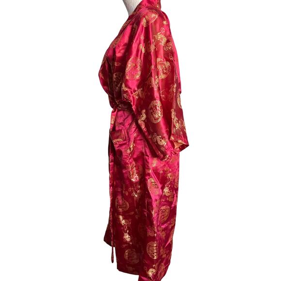 Kimono Style Robe Red Gold Dragon All Over Print Long Silk (?)Lounge Asian L - Picture 4 of 13